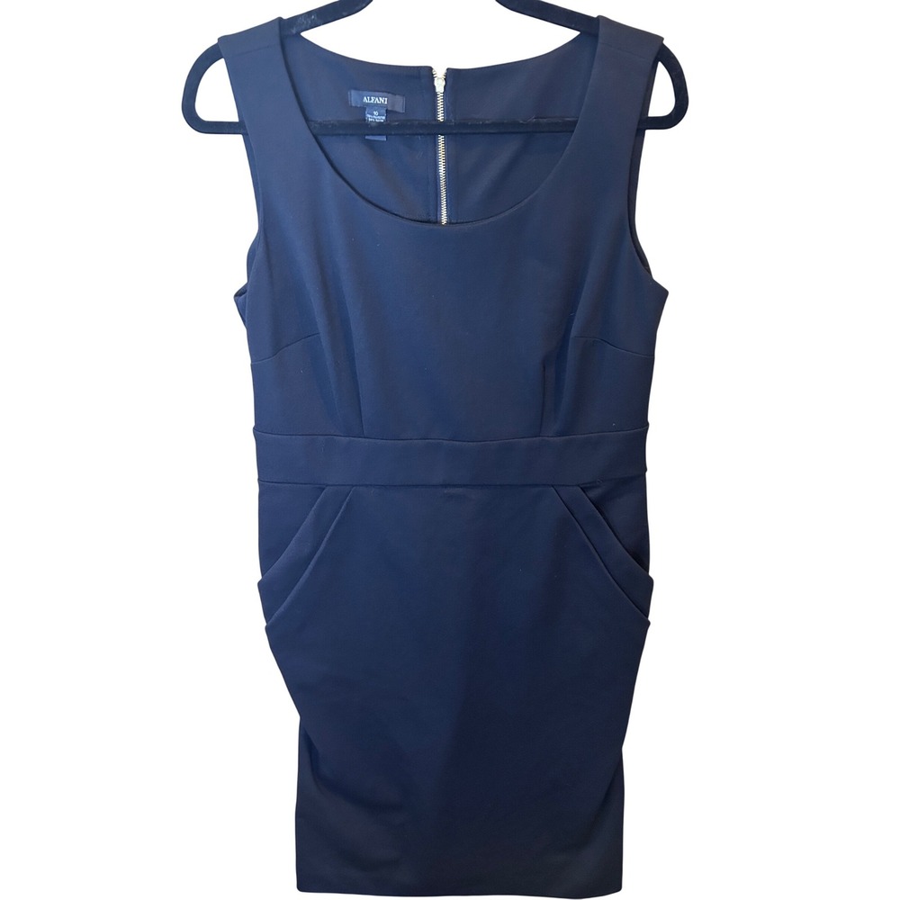 Alfani Sheath Dress Womens 10 Navy Blue Excellent Sleeveless Careerā Pockets